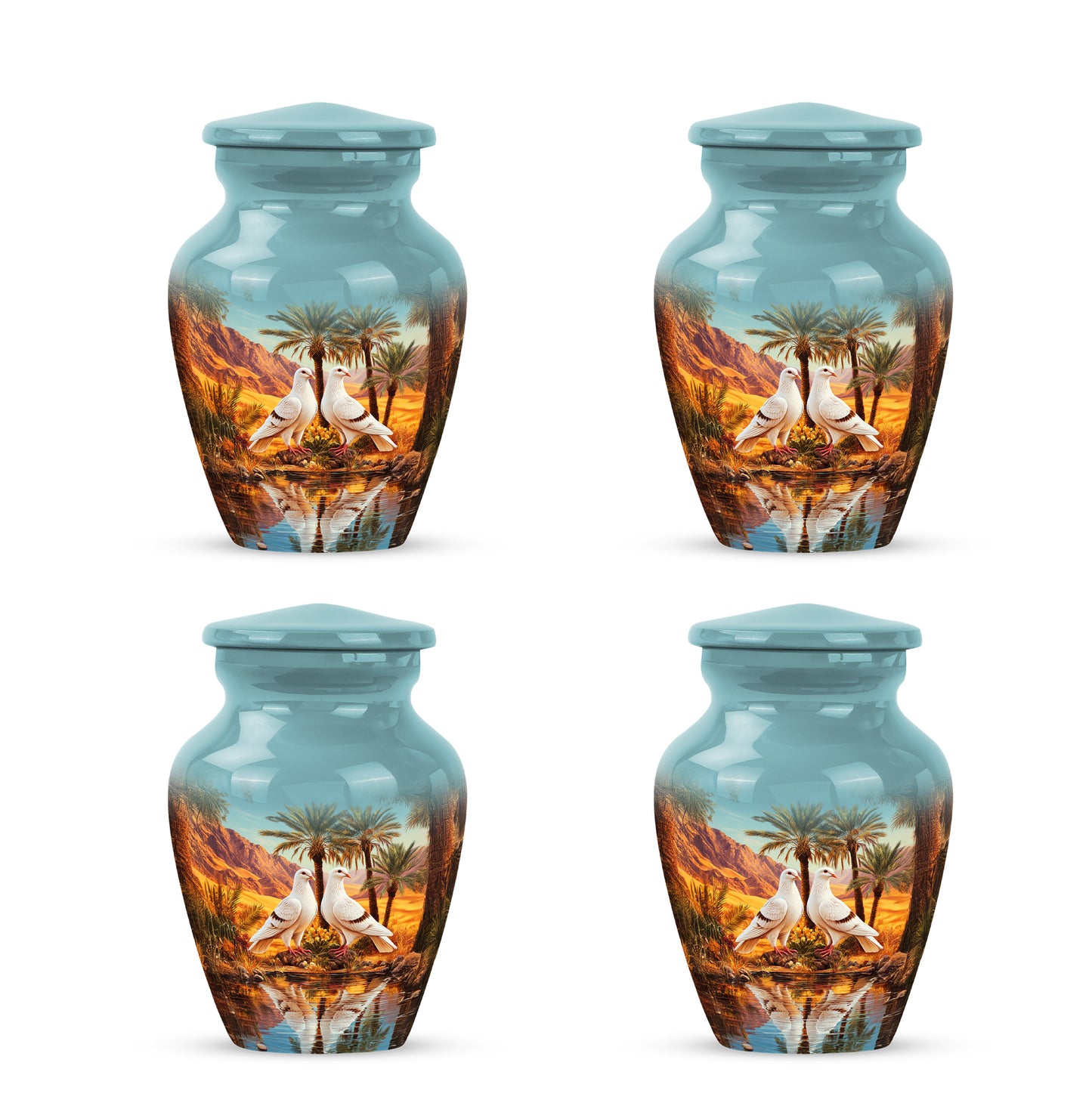 Vivid Teal Dove Cremation Urn side profile showing urn shape - traditional dove engraving with hand-polished finish - 10 inch aluminum urn for cremated remains