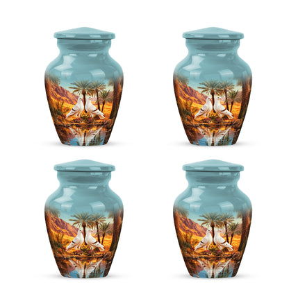 Vivid Teal Dove Cremation Urn side profile showing urn shape - traditional dove engraving with hand-polished finish - 10 inch aluminum urn for cremated remains