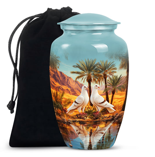 Mystic Teal Dove Cremation Urn angled view of lid and engraved motif - traditional dove engraving with hand-polished finish - full-size 10 inch 200 cubic inch adult cremation urn