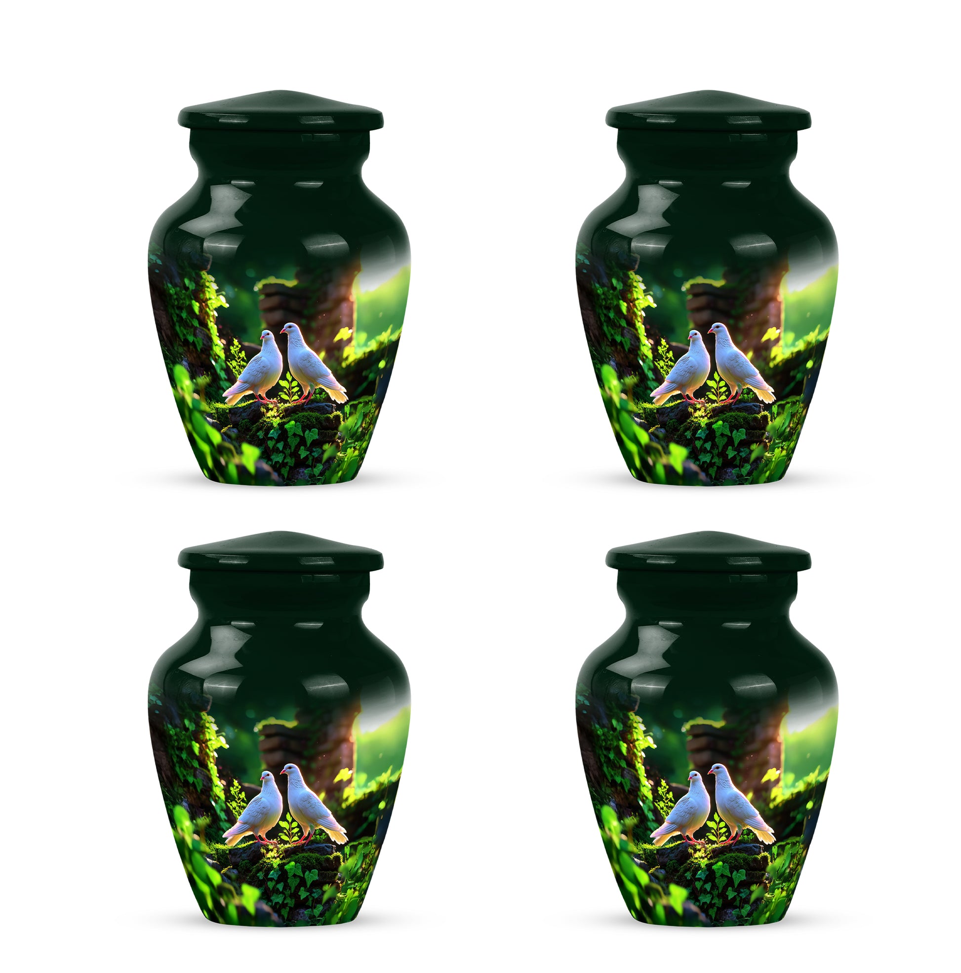 Jade Green Dove Cremation Urn side profile showing urn shape - timeless dove motif etched into premium metal - 10 inch aluminum urn for cremated remains