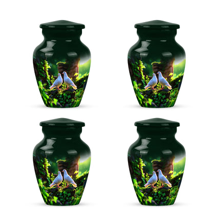 Jade Green Dove Cremation Urn side profile showing urn shape - timeless dove motif etched into premium metal - 10 inch aluminum urn for cremated remains