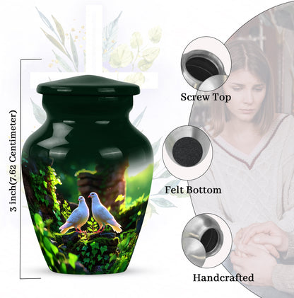 Jade Green Dove Cremation Urn close-up of engraving and surface detail - timeless dove motif etched into premium metal - mini keepsake memorial for portion of cremation ashes