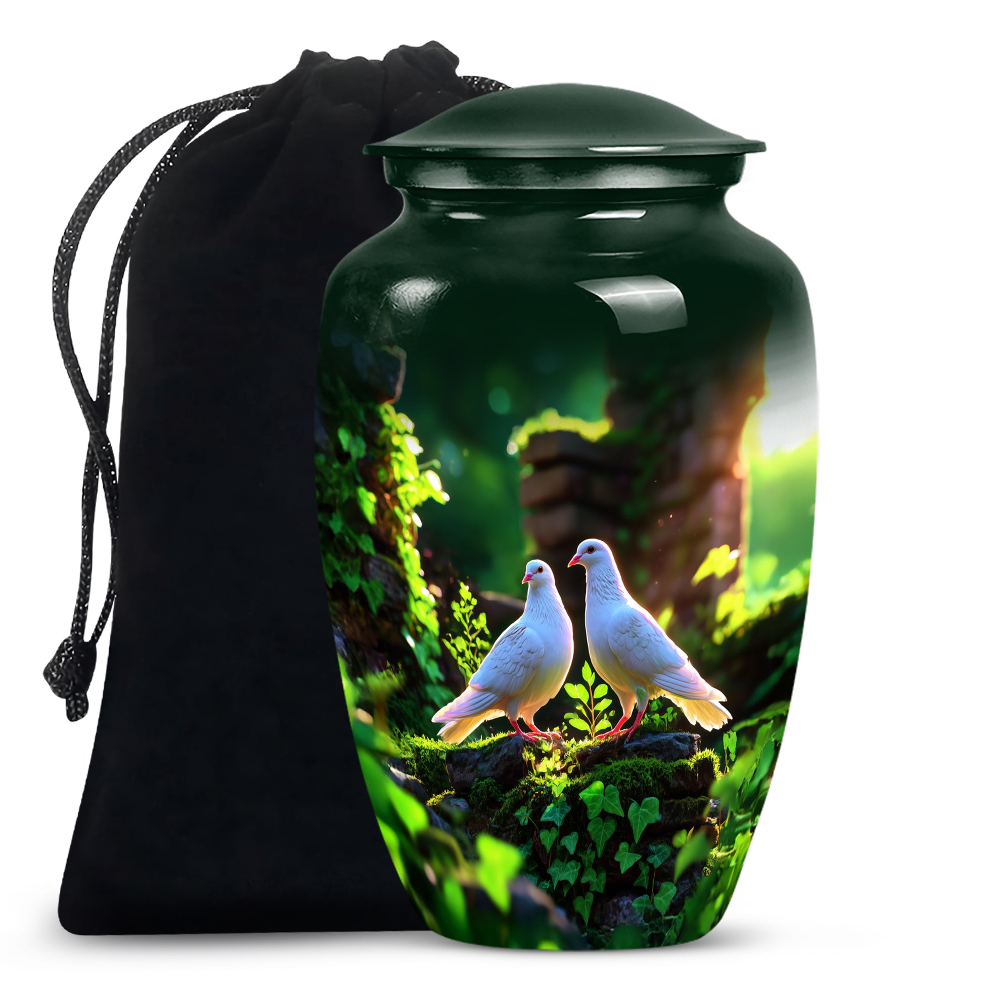 Emerald Green Dove Cremation Urn angled view of lid and engraved motif - classic sculpted dove pattern on smooth aluminum - full-size 10 inch 200 cubic inch adult cremation urn