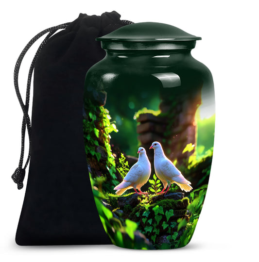 Emerald Green Dove Cremation Urn angled view of lid and engraved motif - classic sculpted dove pattern on smooth aluminum - full-size 10 inch 200 cubic inch adult cremation urn