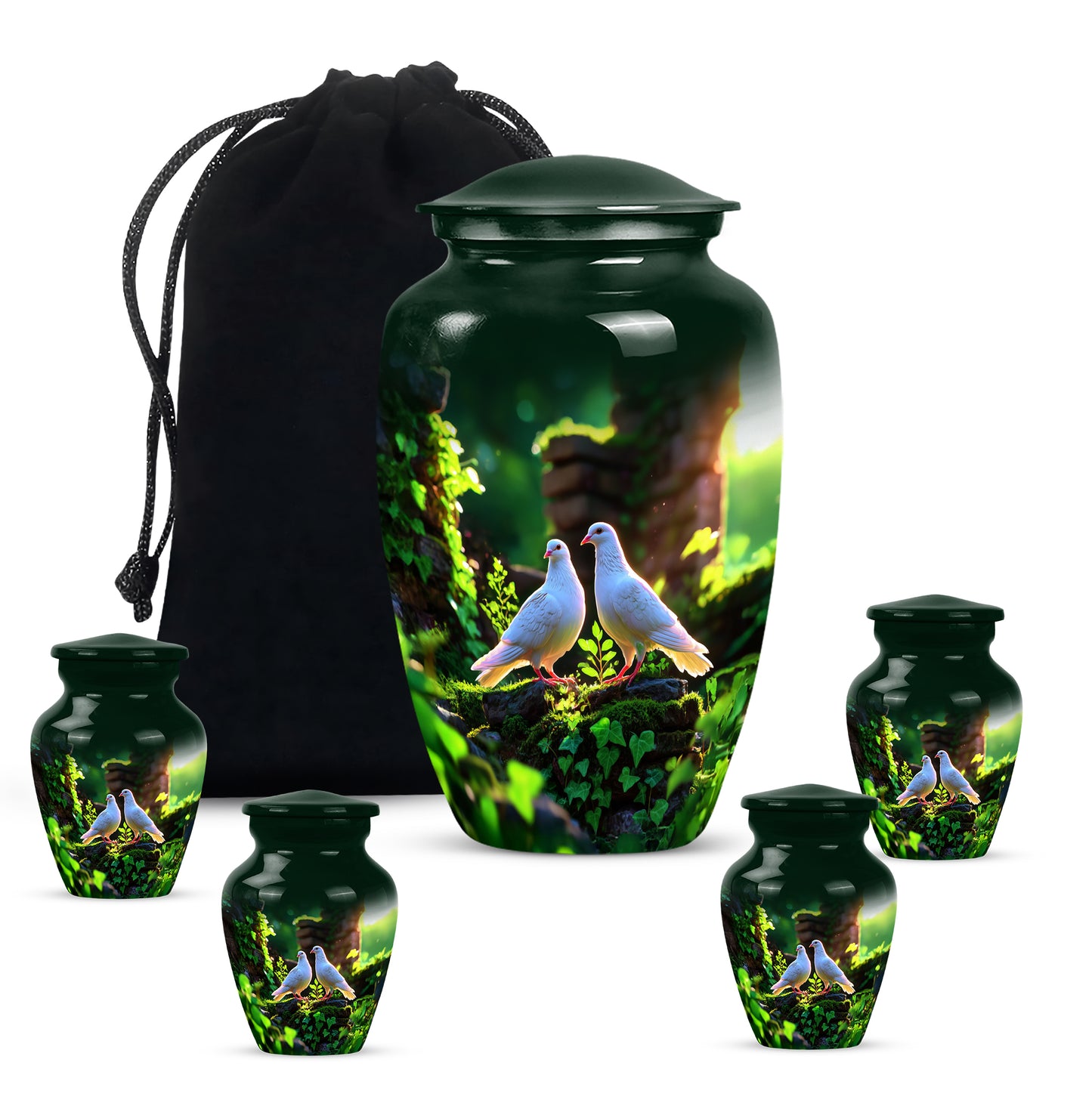 Pine Green Dove Cremation Urn top-down view of secure threaded lid - traditional dove engraving with hand-polished finish - memorial set with one large and four small urns