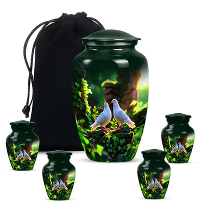 Pine Green Dove Cremation Urn top-down view of secure threaded lid - traditional dove engraving with hand-polished finish - memorial set with one large and four small urns