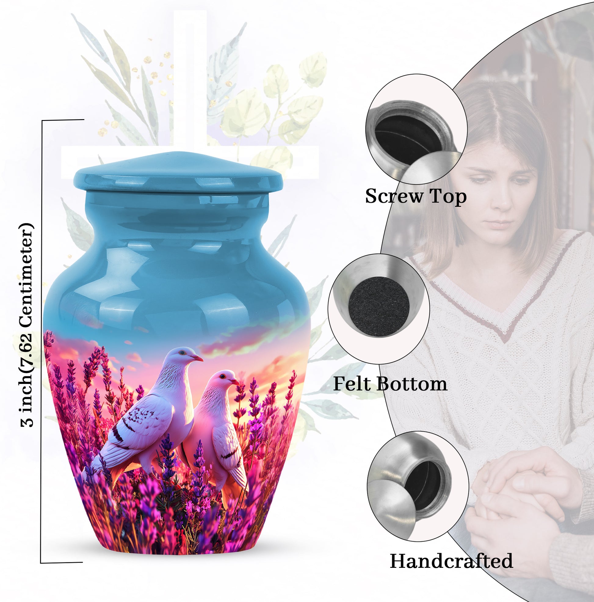 Soft Blue Dove Cremation Urn close-up of engraving and surface detail - traditional dove engraving with hand-polished finish - mini keepsake memorial for portion of cremation ashes