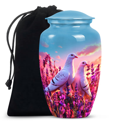 Sky Blue Dove Cremation Urn angled view of lid and engraved motif - classic sculpted dove pattern on smooth aluminum - full-size 10 inch 200 cubic inch adult cremation urn