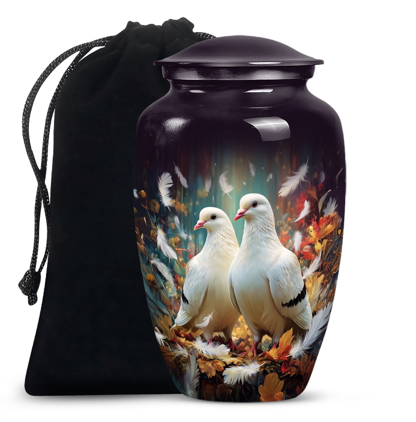 Ebony Dove Cremation Urn angled view of lid and engraved motif - timeless dove motif etched into premium metal - full-size 10 inch 200 cubic inch adult cremation urn