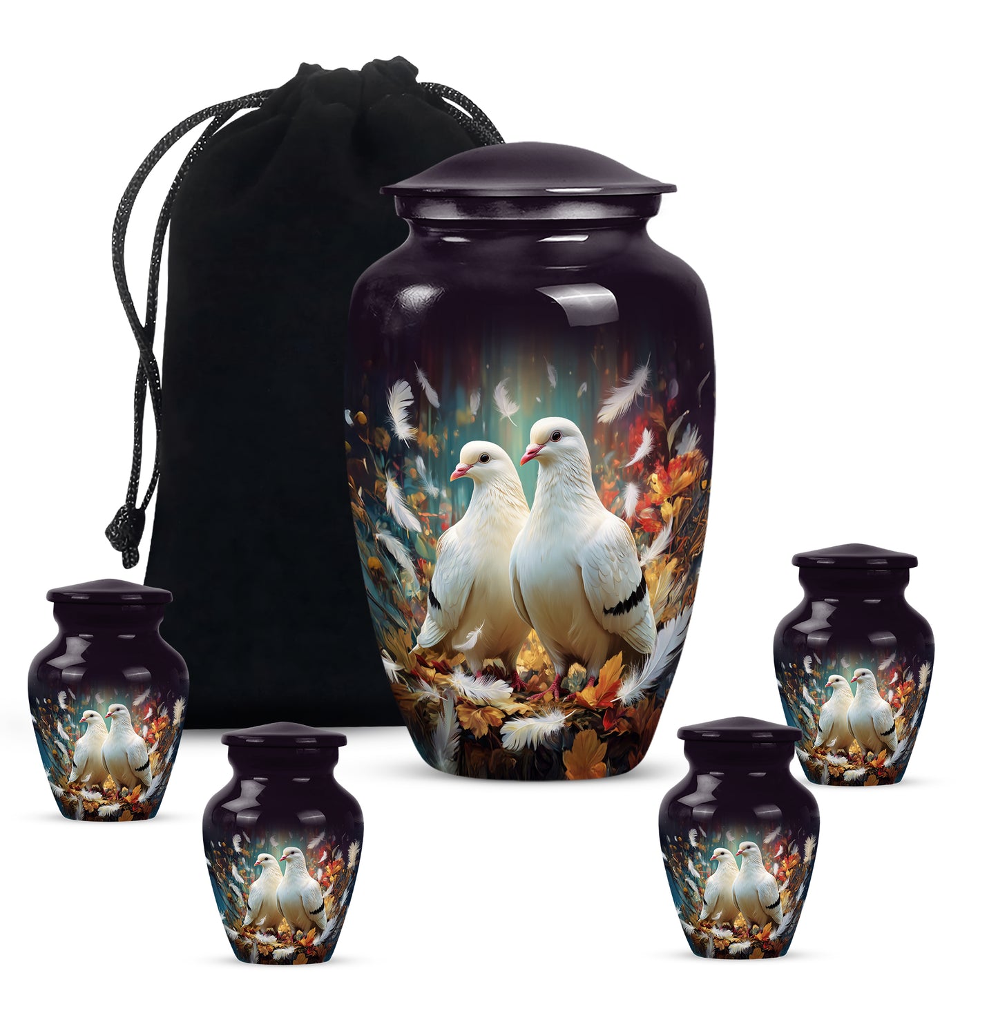 Charcoal Black Dove Cremation Urn top-down view of secure threaded lid - traditional dove engraving with hand-polished finish - memorial set with one large and four small urns