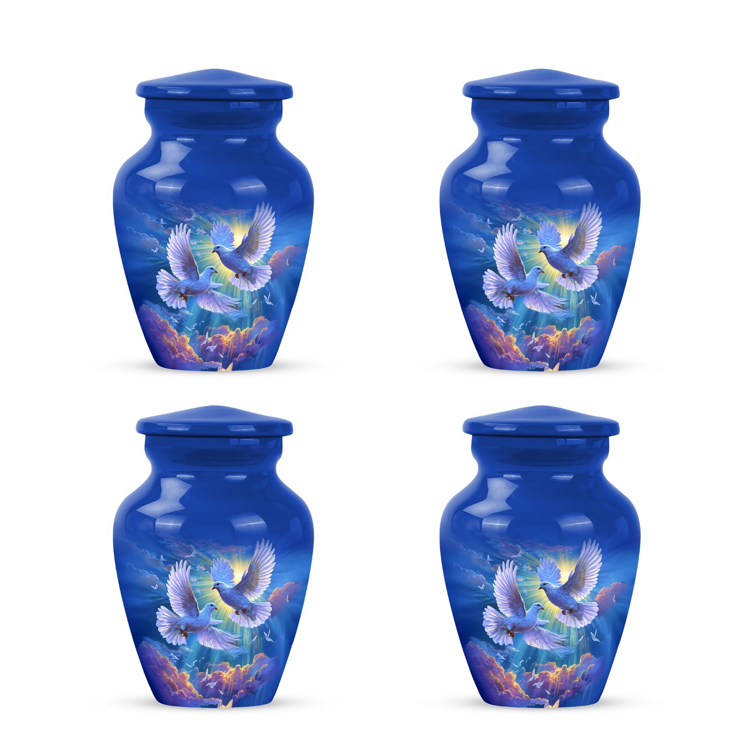 Sky Blue Dove Cremation Urn side profile showing urn shape - classic sculpted dove pattern on smooth aluminum - 10 inch aluminum urn for cremated remains