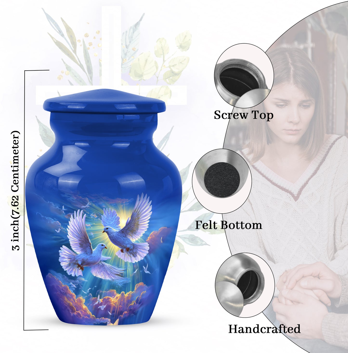 Serene Blue Dove Cremation Urn close-up of engraving and surface detail - traditional dove engraving with hand-polished finish - mini keepsake memorial for portion of cremation ashes
