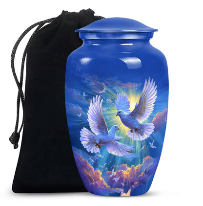 Royal Blue Dove Cremation Urn angled view of lid and engraved motif - traditional dove engraving with hand-polished finish - full-size 10 inch 200 cubic inch adult cremation urn