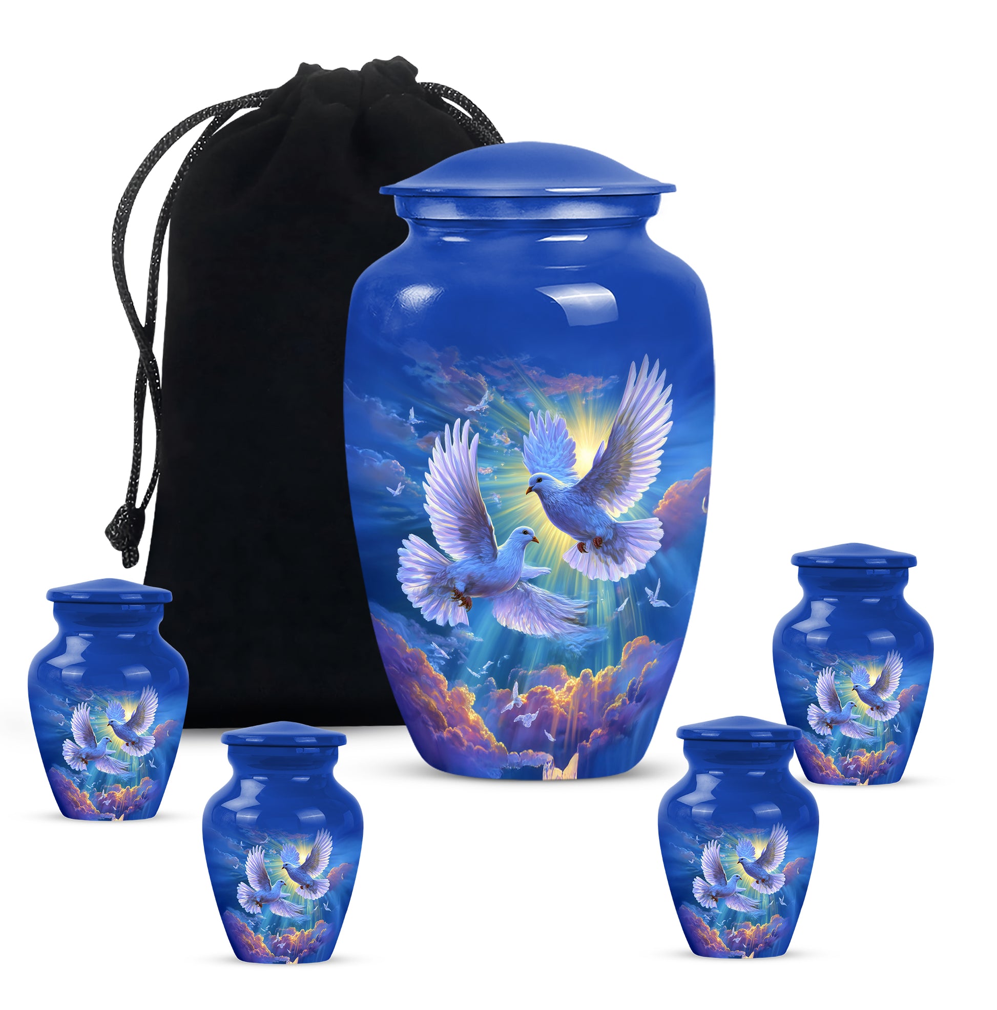 Soft Blue Dove Cremation Urn top-down view of secure threaded lid - elegant classic dove relief with fine detailing - memorial set with one large and four small urns