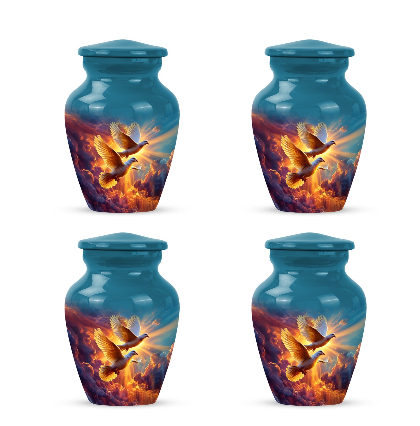Icy Blue Dove Cremation Urn side profile showing urn shape - timeless dove motif etched into premium metal - 10 inch aluminum urn for cremated remains