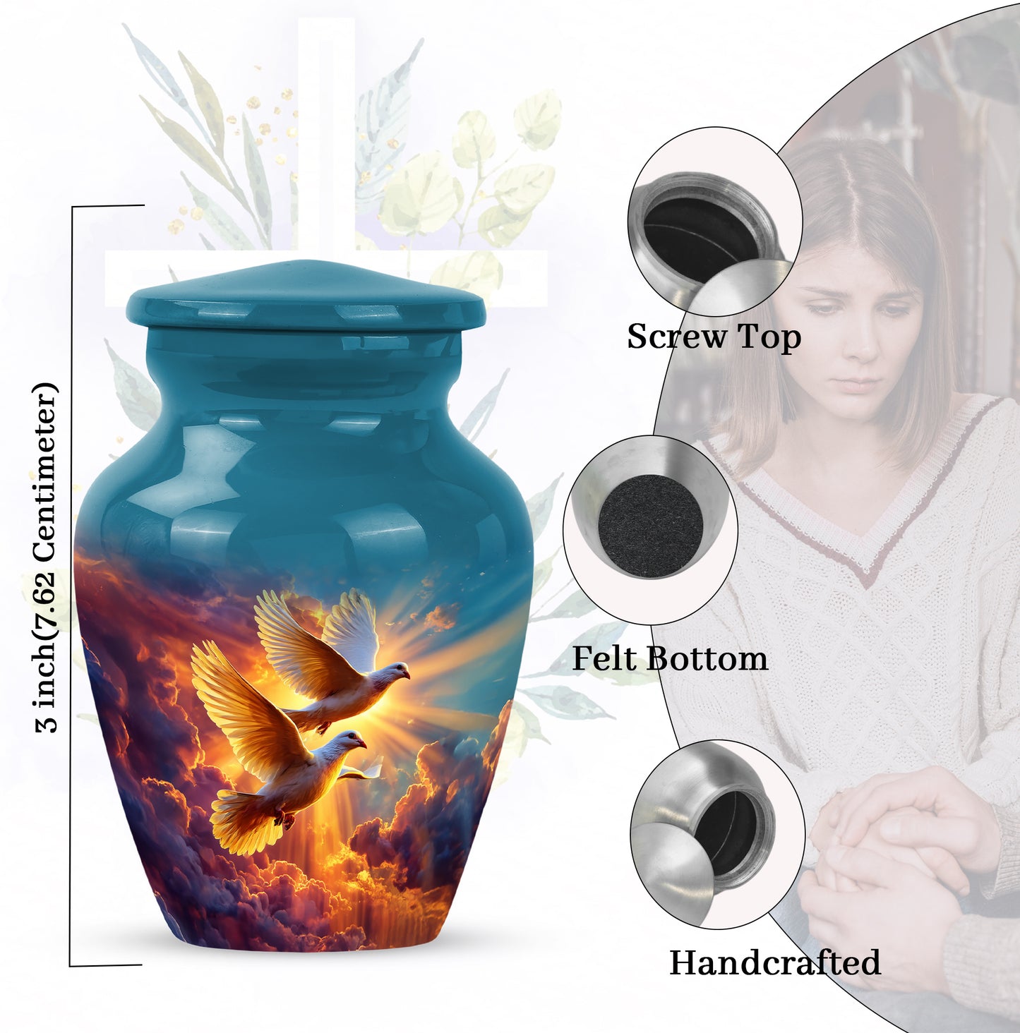 Vivid Blue Dove Cremation Urn close-up of engraving and surface detail - elegant classic dove relief with fine detailing - mini keepsake memorial for portion of cremation ashes