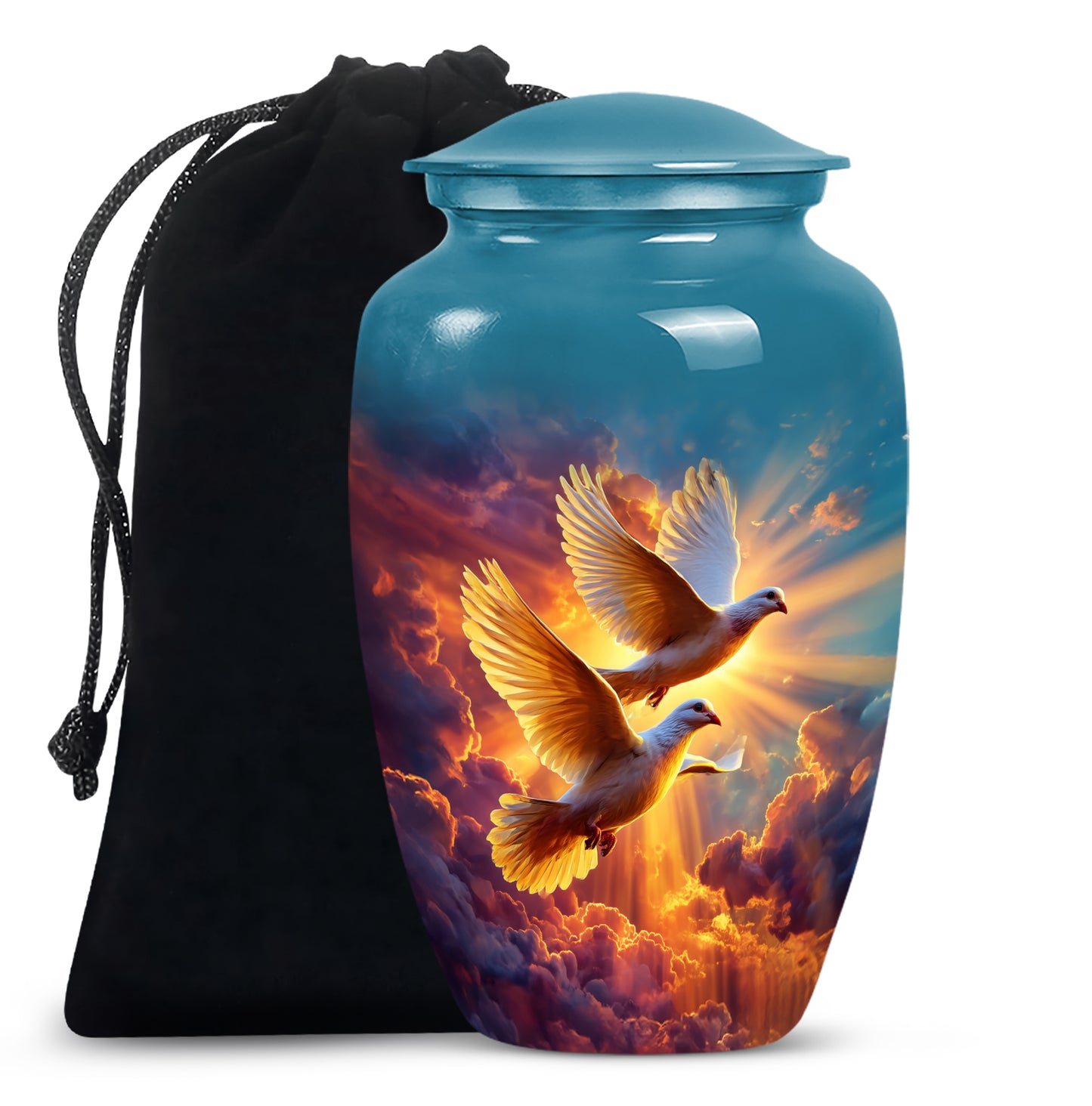 Cornflower Blue Dove Cremation Urn angled view of lid and engraved motif - elegant classic dove relief with fine detailing - full-size 10 inch 200 cubic inch adult cremation urn