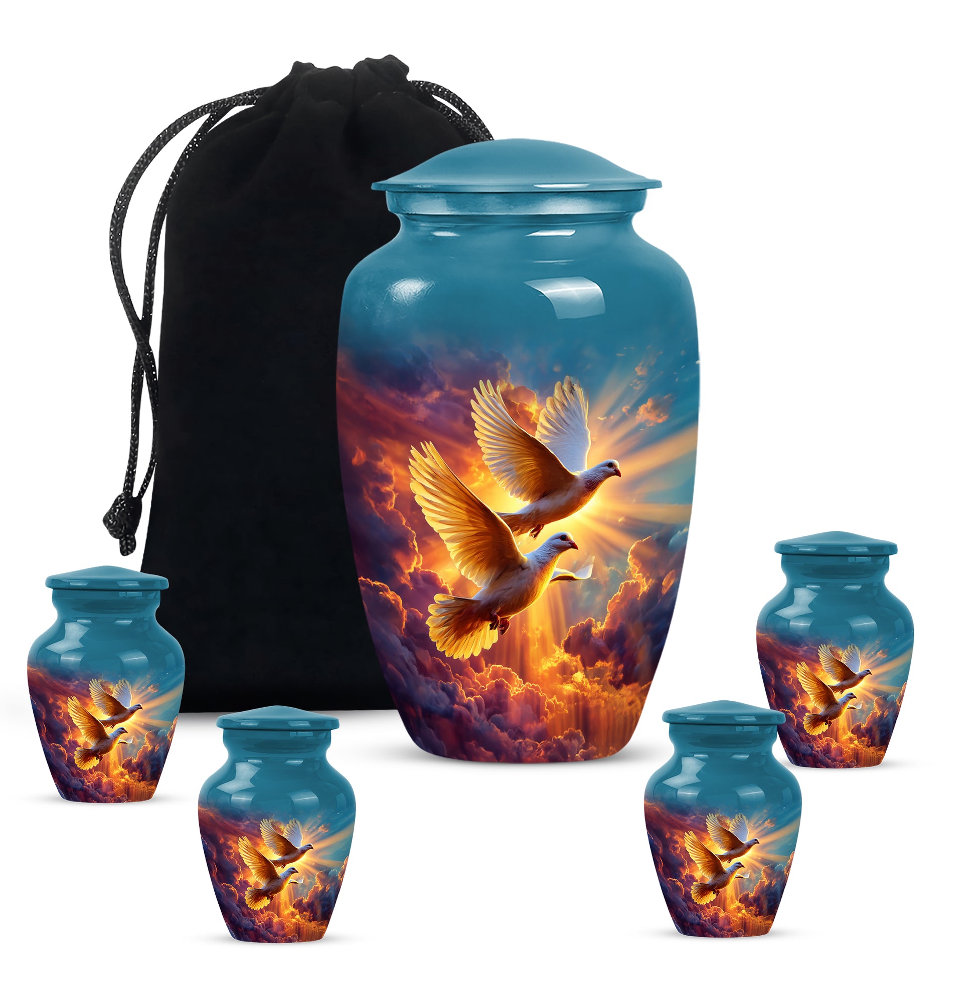Sky Blue Dove Cremation Urn top-down view of secure threaded lid - timeless dove motif etched into premium metal - memorial set with one large and four small urns