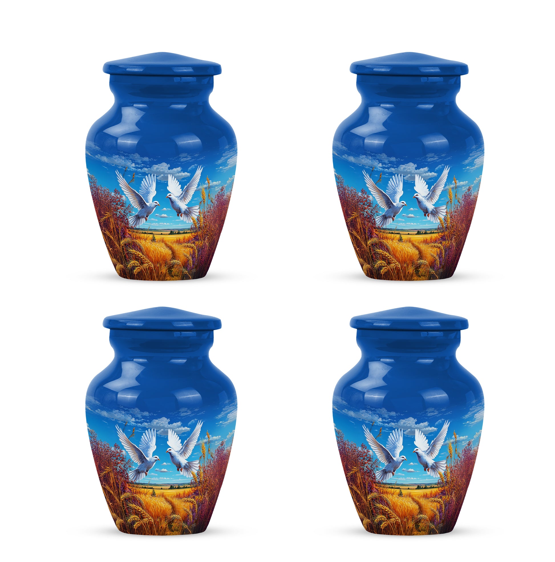Indigo Dove Cremation Urn side profile showing urn shape - classic sculpted dove pattern on smooth aluminum - 10 inch aluminum urn for cremated remains