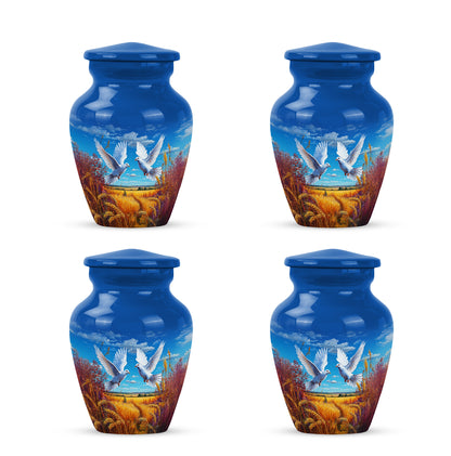 Indigo Dove Cremation Urn side profile showing urn shape - classic sculpted dove pattern on smooth aluminum - 10 inch aluminum urn for cremated remains