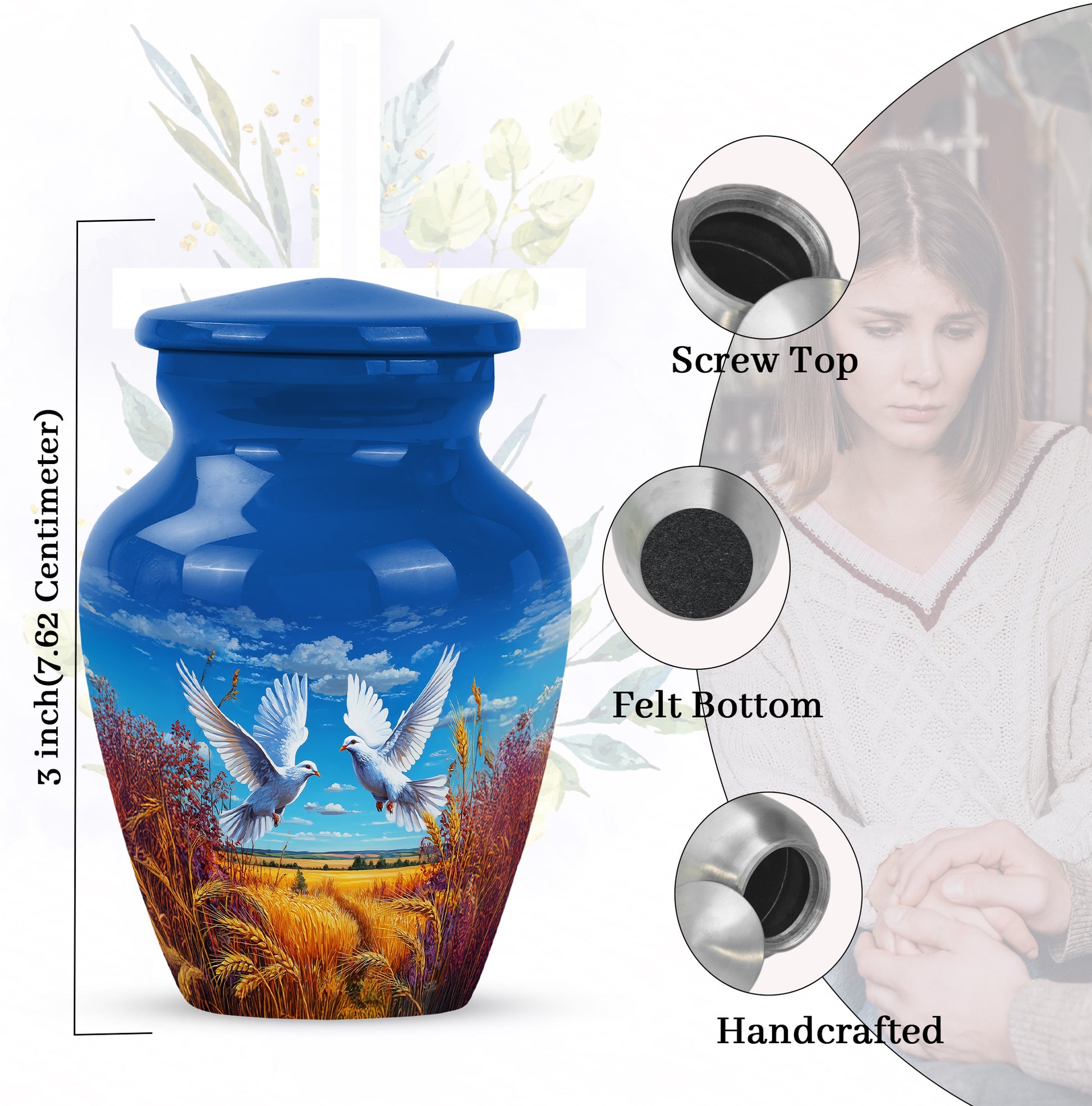 Soft Blue Dove Cremation Urn close-up of engraving and surface detail - traditional dove engraving with hand-polished finish - mini keepsake memorial for portion of cremation ashes
