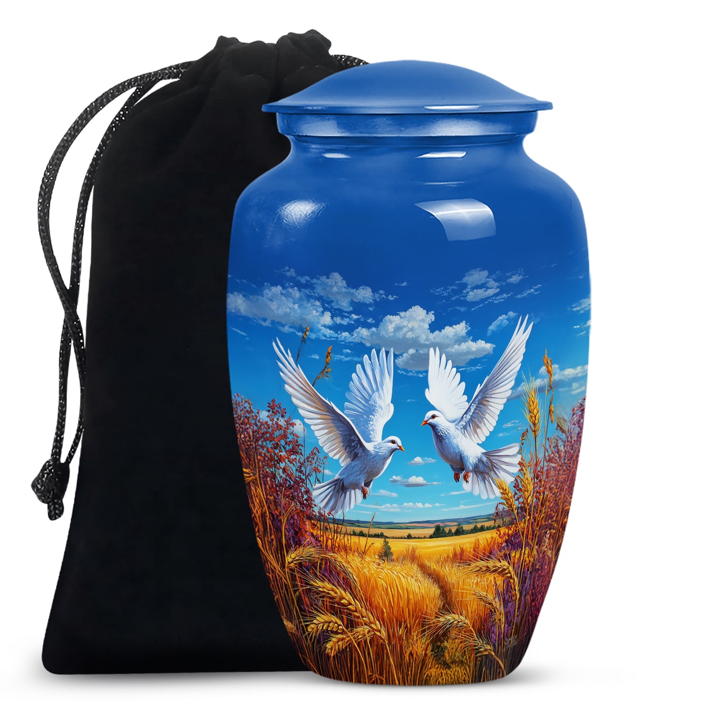 Icy Blue Dove Cremation Urn angled view of lid and engraved motif - classic sculpted dove pattern on smooth aluminum - full-size 10 inch 200 cubic inch adult cremation urn
