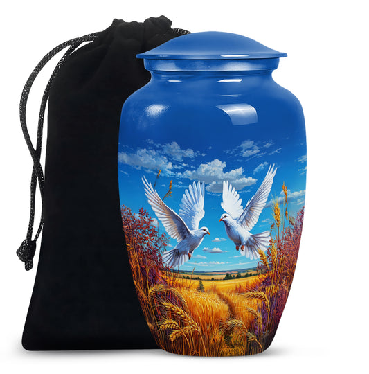 Icy Blue Dove Cremation Urn angled view of lid and engraved motif - classic sculpted dove pattern on smooth aluminum - full-size 10 inch 200 cubic inch adult cremation urn