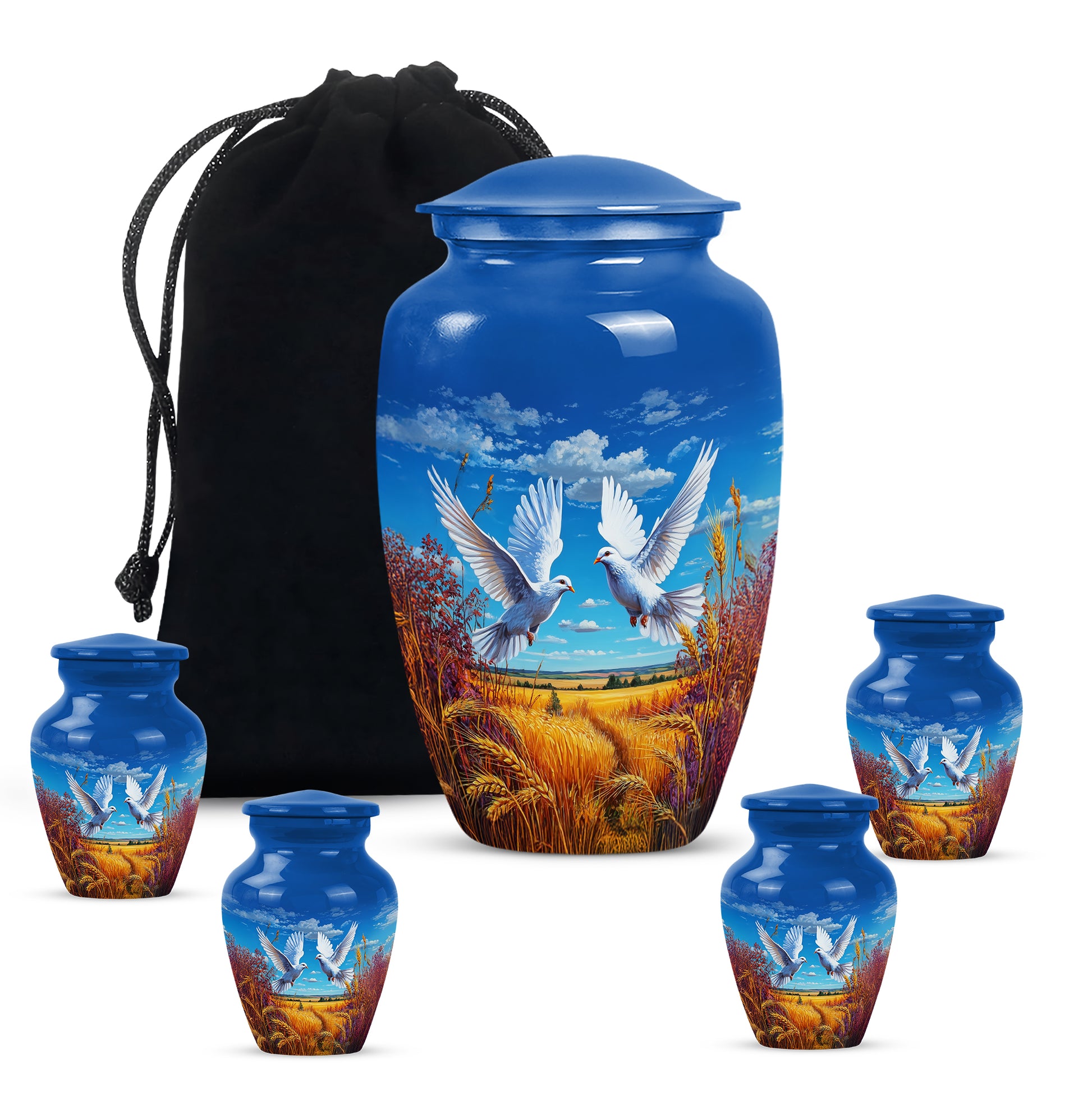 Sapphire Blue Dove Cremation Urn top-down view of secure threaded lid - traditional dove engraving with hand-polished finish - memorial set with one large and four small urns