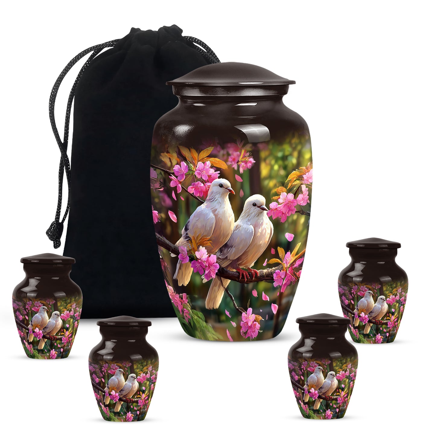 Obsidian Black Dove Cremation Urn top-down view of secure threaded lid - elegant classic dove relief with fine detailing - memorial set with one large and four small urns