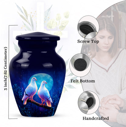 Celestial Blue Dove Cremation Urn close-up of engraving and surface detail - timeless dove motif etched into premium metal - mini keepsake memorial for portion of cremation ashes