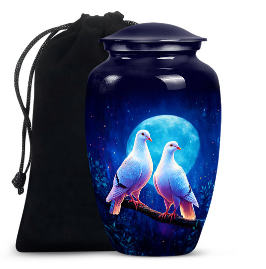 Serene Blue Dove Cremation Urn angled view of lid and engraved motif - elegant classic dove relief with fine detailing - full-size 10 inch 200 cubic inch adult cremation urn