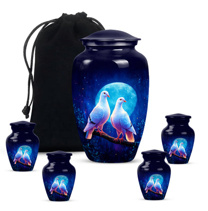 Sapphire Blue Dove Cremation Urn top-down view of secure threaded lid - traditional dove engraving with hand-polished finish - memorial set with one large and four small urns