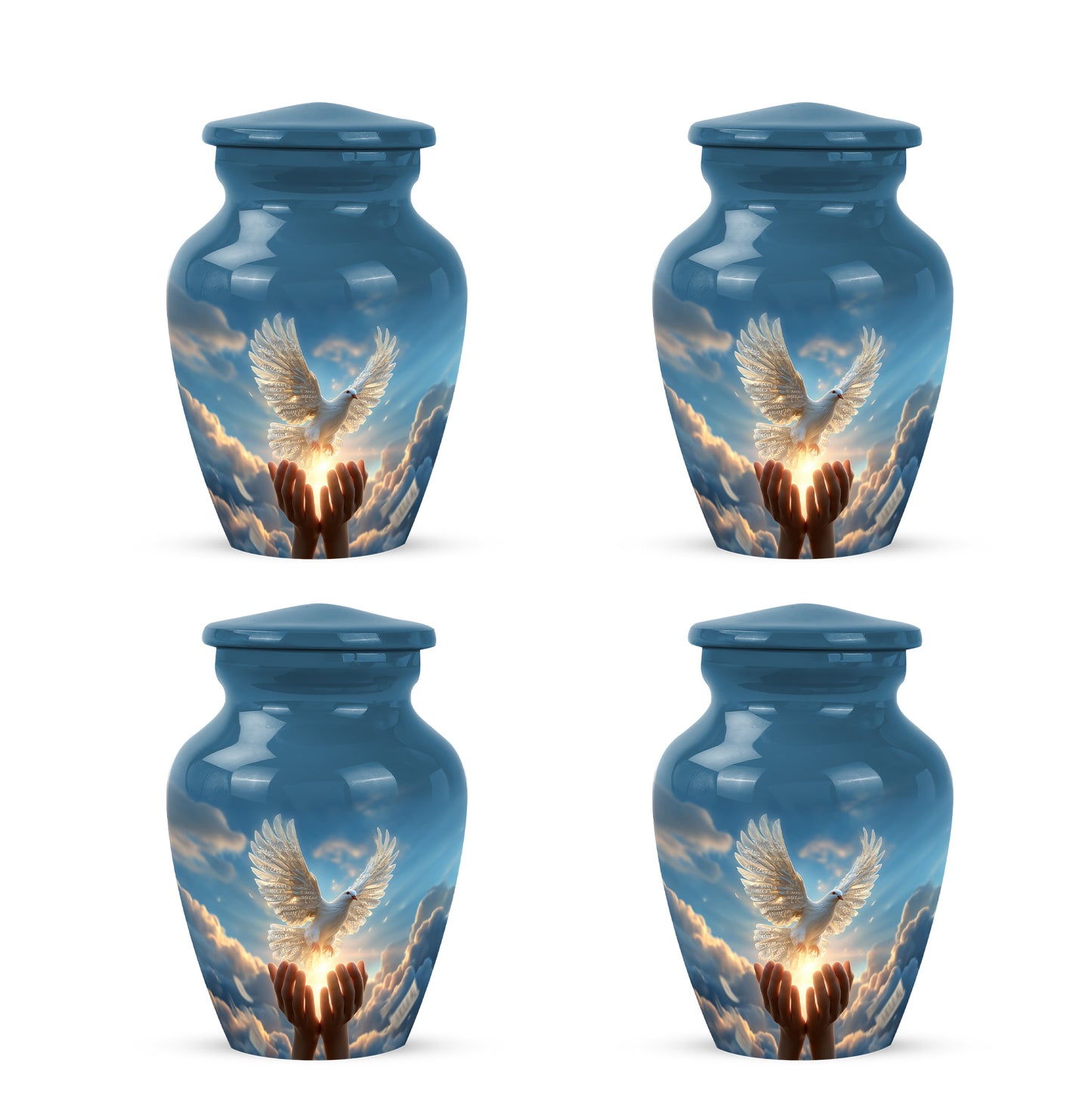 Indigo Dove Cremation Urn side profile showing urn shape - classic sculpted dove pattern on smooth aluminum - 10 inch aluminum urn for cremated remains