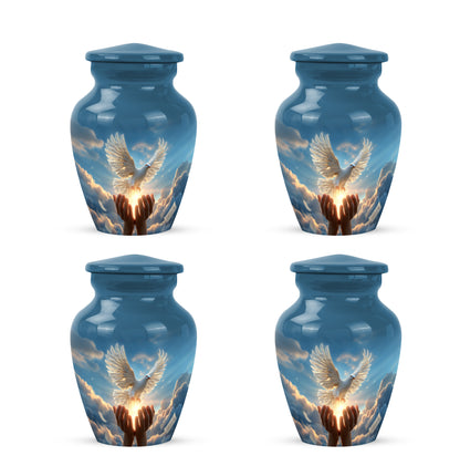 Indigo Dove Cremation Urn side profile showing urn shape - classic sculpted dove pattern on smooth aluminum - 10 inch aluminum urn for cremated remains