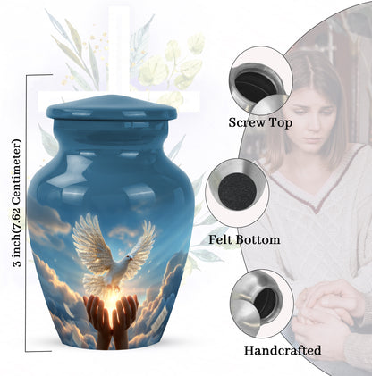 Serene Blue Dove Cremation Urn close-up of engraving and surface detail - elegant classic dove relief with fine detailing - mini keepsake memorial for portion of cremation ashes