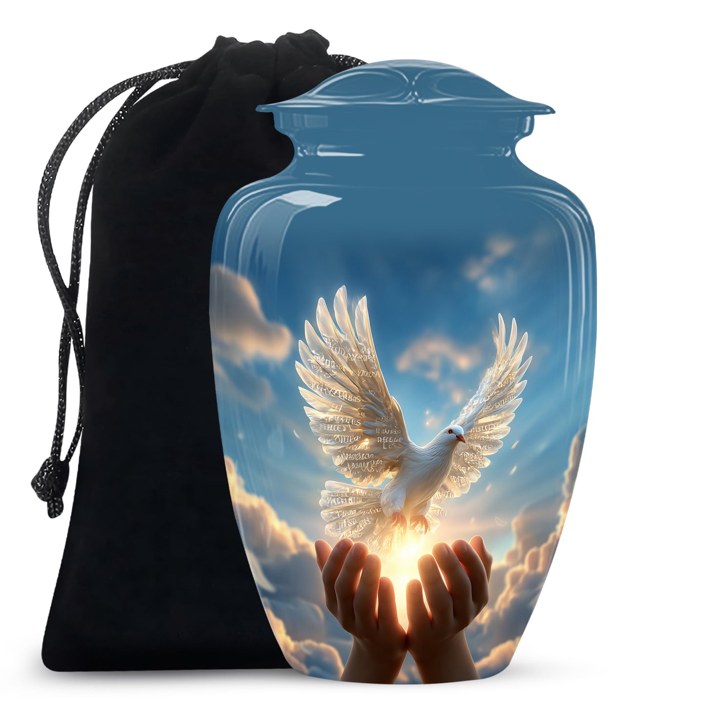 Steel Blue Dove Cremation Urn angled view of lid and engraved motif - traditional dove engraving with hand-polished finish - full-size 10 inch 200 cubic inch adult cremation urn