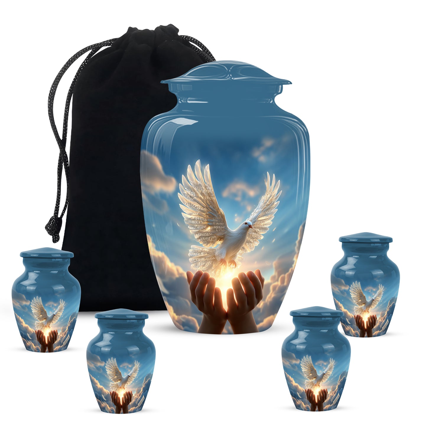 Royal Blue Dove Cremation Urn top-down view of secure threaded lid - traditional dove engraving with hand-polished finish - memorial set with one large and four small urns