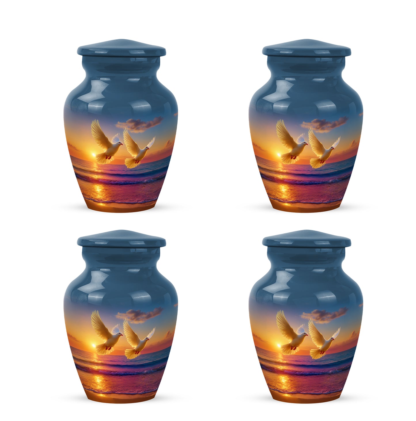 Azure Dove Cremation Urn side profile showing urn shape - classic sculpted dove pattern on smooth aluminum - 10 inch aluminum urn for cremated remains