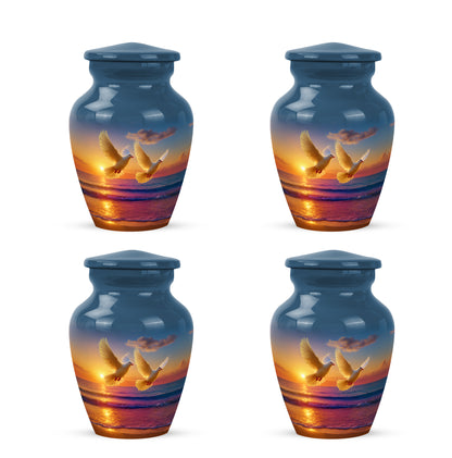 Azure Dove Cremation Urn side profile showing urn shape - classic sculpted dove pattern on smooth aluminum - 10 inch aluminum urn for cremated remains