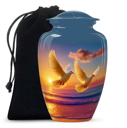 Indigo Dove Cremation Urn angled view of lid and engraved motif - timeless dove motif etched into premium metal - full-size 10 inch 200 cubic inch adult cremation urn