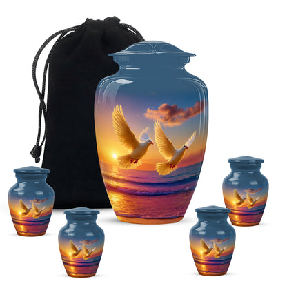 Cornflower Blue Dove Cremation Urn top-down view of secure threaded lid - elegant classic dove relief with fine detailing - memorial set with one large and four small urns