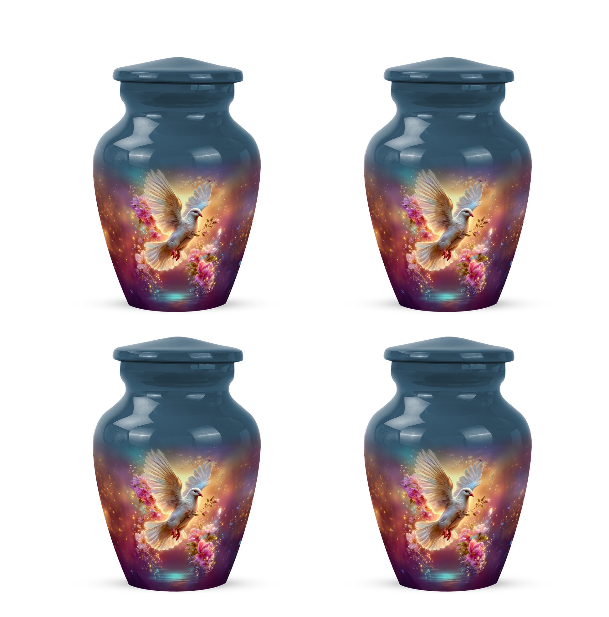 Indigo Dove Cremation Urn side profile showing urn shape - timeless dove motif etched into premium metal - 10 inch aluminum urn for cremated remains
