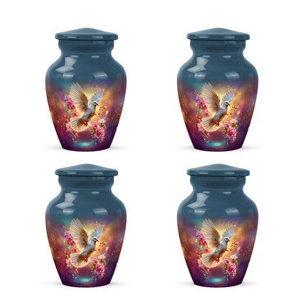 Indigo Dove Cremation Urn side profile showing urn shape - timeless dove motif etched into premium metal - 10 inch aluminum urn for cremated remains