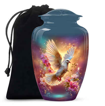 Azure Dove Cremation Urn angled view of lid and engraved motif - timeless dove motif etched into premium metal - full-size 10 inch 200 cubic inch adult cremation urn