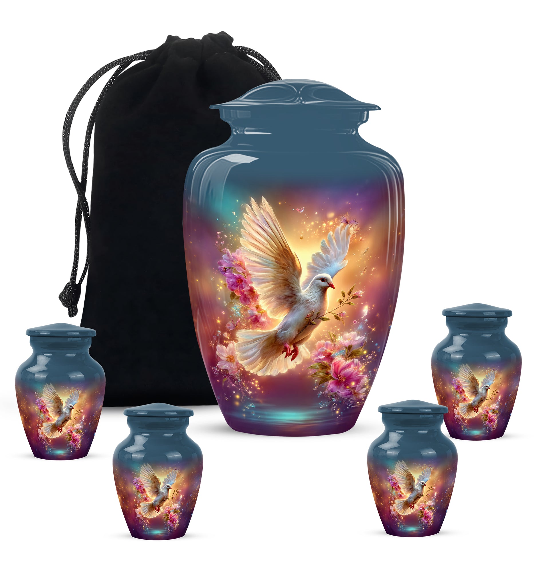 Azure Dove Cremation Urn top-down view of secure threaded lid - timeless dove motif etched into premium metal - memorial set with one large and four small urns