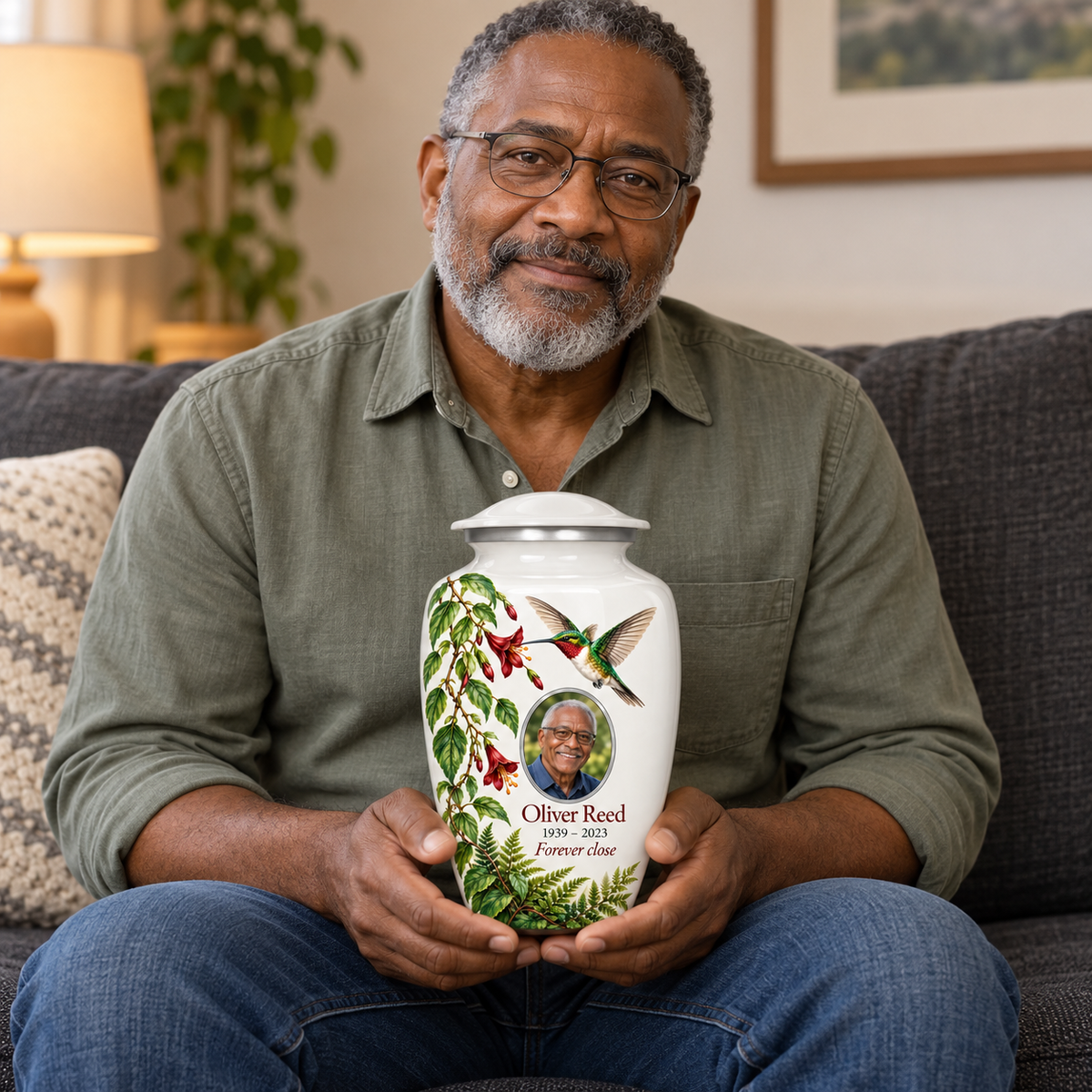 A seated person holding the white hummingbird adult urn with Oliver Reed sample photo and text