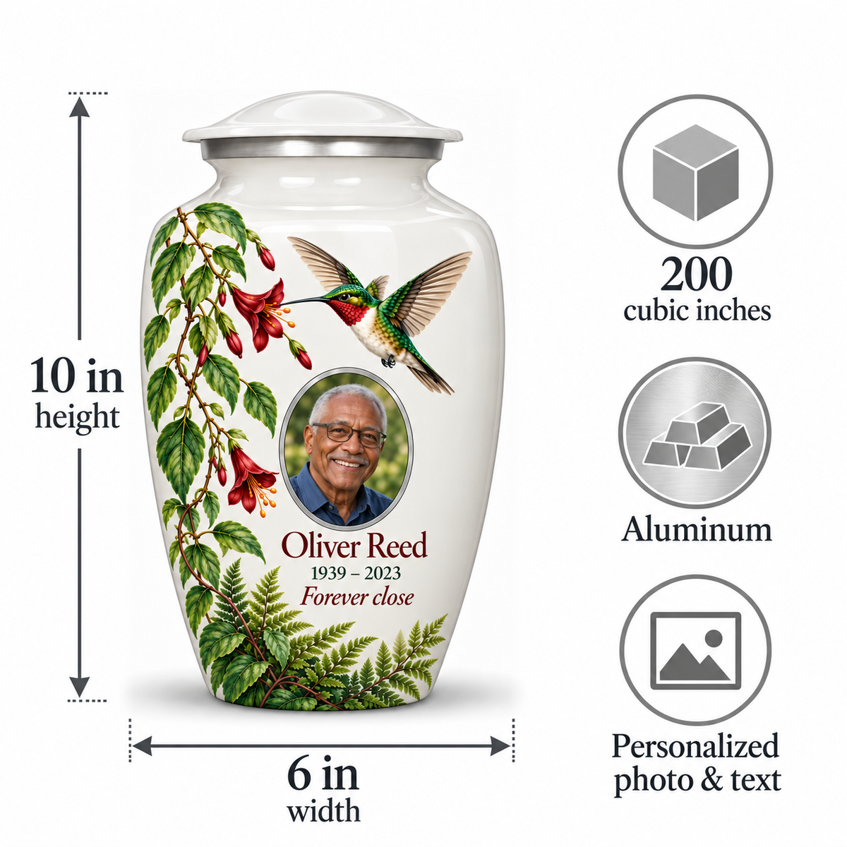 White hummingbird adult urn size guide showing 10 inch height, 6 inch width, 200 cubic inches, Aluminum and personalized photo and text