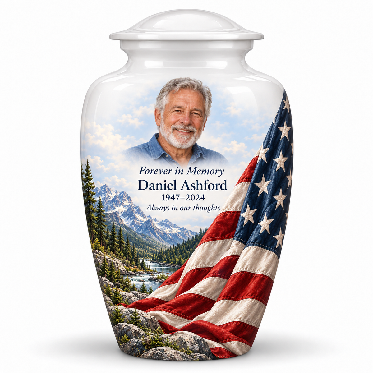 White American flag adult urn with snowy valley artwork and a borderless sample portrait