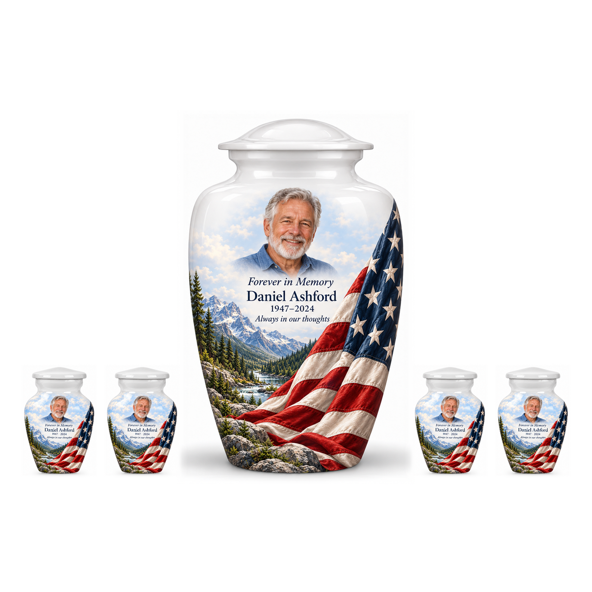 One Snowy Valley American flag adult urn with four matching keepsake urns, sample photo and text, on a white background