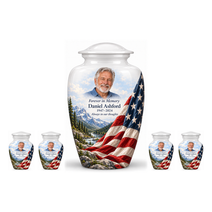 One Snowy Valley American flag adult urn with four matching keepsake urns, sample photo and text, on a white background